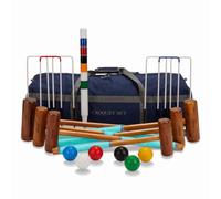 Uber Games Jeu de rocket pour 6 joueurs - Kit en bois dur avec sac de | 6 maillets en 4 longueurs pour chaque taille - 6 balles en 6 couleurs - 6 buts en acier - Poteau de cible et sac en nylon