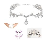 UBERMing Deguisement Elfe Femme Accessoires, Elfe Couronne | avec 1 Paire D'oreilles D'elfe 1 Strass Autocollant Visage et Tatouage Ephemere Ailes pour Mariage Carnaval Cosplay Halloween