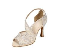 UBOHUZ Chaussures de danse latine en maille respirante, sandales à talons hauts et diamants, fond souple d'intérieur, Jazz Tango Four Femmes(Beige,HEEL 7.5CM_36)