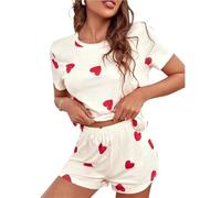 UBOHUZ Ensemble de Pyjama d'été for Femme, Short, imprimé cœur, Amour, Manches Courtes, col Rond, t-Shirt + Pantalon Court, Tenue de Maison pour Femmes(Beige,M)