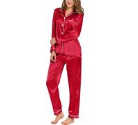 UBOHUZ Womens Silk Satin Pajamas Loungewear Two-Piece Sleepwear Button-Down Full Sleeve Long Pjs Set pour Femme(Red,XL)