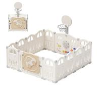 UBRAVOO Parc pour bébé pliable avec mini panier de basket et 50 balles colorées, à thème de voiture pour tout-petits,grand centre d'activités intérieur amusant(14 panneaux,Blanc laiteux)