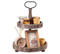 UBTKEY Plateau de service rond en bois à 2 étages - Style rustique - Décoration de cuisine pour cupcakes, desserts, fruits, buffet (marron)