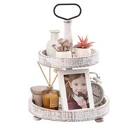 UBTKEY Plateau de service rond en bois à 2 étages - Style rustique - Décoration de cuisine pour cupcakes, desserts, fruits, buffets (blanc)