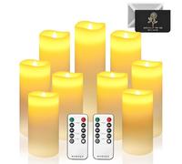 UCAMP Bougies à LED Sans Flamme - Lot de 9 (13/14/16/18/20/22cm) - Bougies à Piles Pilier Avec Flamme Clignotante - 2 Télécommandes et Fonction Minuterie Incluses