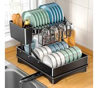 UCAMP Egoutoire Vaisselle Cuisine, Égouttoir Vaisselle en Acier Inoxydable, 2 Niveaux avec Porte-ustensiles et Bec D'Égouttage Pivotant, Rangement et Organisation de Cuisine