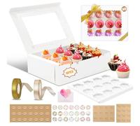 UCAMP Lot de 16 Boîtes à Cupcakes,Boîte à Muffins à Cupcakes avec fenêtre,Boite Gateau avec corde et autocollants et carte de voeux,pour Cadeaux et Gâteaux Maison,pour Noël,anniversaire,mariage