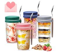 UCAMP Lot de 4 Bocaux à yaourt Overnight Oats,600ml tasses à céréales en verre à emporter avec couvercle et cuillère,Réutilisable Bol Yaourt a Emporter pour pour les Salades, les Céréales,le Lait