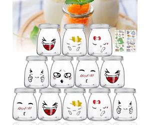 UCAMP Pots Yaourt En Verre, Pots De Yaourt Avec Couvercle, Petit Pot En Verre, Motifs Mignons, Pour La Préparation De Yaourts, Puddings (150ml x 12)