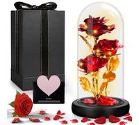 UCAMP Rose Eternelle sous Cloche,Rose Enchantée,La Belle et la Bête Rose Eternelle,Kit Cadeau Rose,Dôme en Verre,Socle en Bois,1 Carte de vœux d'amour,pour Maman,Femmes,Anniversaire,fête des mères