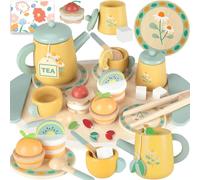 UCAMP Services à Thé en Bois,Tea Party Jeux de Rôle 23pcs Service à Thé pour Enfants Service à Thé Jouets Dînette Enfant Accessoire Jeux de Cuisine,Cadeau Créatif Enfant Garçon Fille 3+Ans