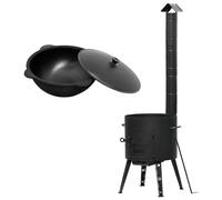 Uchag Ø36 Uchag 2 mm Acier Utschak avec cheminée Tuyau d'évacuation Utschag Four de camping 8 l Kazan Rond Kazan Cheminée Cuisine de terrain Cuisine extérieure Four à ragoût Canon à goulasch