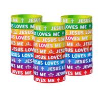 Ucuse Lot de 30 bracelets en silicone avec inscription « Jesus Loves Me » - 10 styles arc-en-ciel - Bracelets religieux - Cadeaux pour fête chrétienne - Cadeau pour la Bible, le dimanche, l'école
