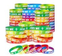 Ucuse Lot de 60 bracelets en silicone avec inscription « Jesus Loves Me » - 10 styles arc-en-ciel - Bracelets religieux - Cadeaux pour fête chrétienne - Cadeau pour la Bible, le dimanche, l'école