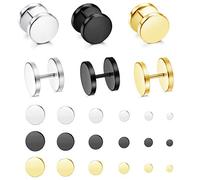Udalyn Lot de 18 paires de boucles d'oreilles à tige plates en acier inoxydable pour homme et femme, faux calibres, tunnel, boucles d'oreilles à vis argentées, noires, dorées, 5 à 10 mm, Acier