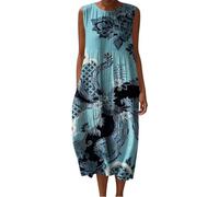 Udbeksid Robe Bohème Femme Été Longue - Robe Fluide sans Manches Col Rond Décontractée Ample pour Voyage Plage Vacances