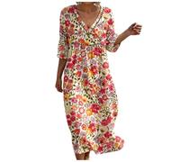 Udbeksid Robe Coton Lin pour Femme Été Fluide Décontractée Grande Taille Robe Longue Col V Chic et Élégant Style Bohème de Plage Vacances Maxi Dress Robe Ajourée Manches Courtes