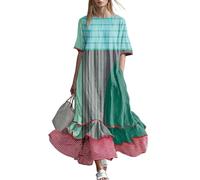 Udbeksid Robe d'été Femme Robe de Plage Manche Courte Col Rond Fluide Ample Style Champêtre Motif Fleurie Imprimé à Pois Rayures Robe Trapèze Chic Soirée Décontractée