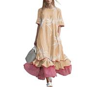 Udbeksid Robe d'été Femme Robe de Plage Manche Courte Col Rond Fluide Ample Style Champêtre Motif Fleurie Imprimé à Pois Rayures Robe Trapèze Chic Soirée Décontractée