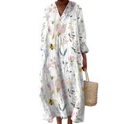 Udbeksid Robes en Lin pour Femmes 2025 Robe Longue sans Manches à col V d'été décontractée et Fluide Femme Décontracté Mi Dress Grande Taille Chic Elegant Fleurie Ete Tenue Plage Bohème Légère Col