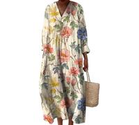 Udbeksid Robes en Lin pour Femmes 2025 Robe Longue sans Manches à col V d'été décontractée et Fluide Femme Décontracté Mi Dress Grande Taille Chic Elegant Fleurie Ete Tenue Plage Bohème Légère Col