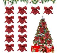 Udbrud 12 Pièces Noeuds de Ruban de Noël, 12x15cm Noeud Noel Sapin, Arcs de Noël Pailletés Noeud Decoration Noel, Scintillant Deco Sapin de Noel pour Portes, Fenêtres, Jardins (Rouge)