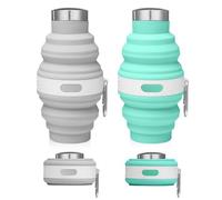 Udbrud 2 Pièces Bouteille d'eau Pliable, Bouteille eau en Silicone Gourde Souple avec mousqueton, Tasse de Camping Réutilisable Sans BPA Gourde Anti-Fuite Bouteille eau pour Voyage (Gris,Bleu)