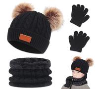 Udbrud 3 en 1 Echarpe et Gants Ensemble Bonnet, Bonnet Enfant Hiver Tricoté Tour de Cou Chaud, Bonnet Chaud écharpe Gants Ensemble d’Hiver avec Pompon pour Fille Garçon 1-6 Ans (Noir)