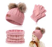 Udbrud 3 en 1 Echarpe et Gants Ensemble Bonnet, Bonnet Enfant Hiver Tricoté Tour de Cou Chaud, Bonnet Chaud écharpe Gants Ensemble d’Hiver avec Pompon pour Fille Garçon 1-6 Ans (Rose)