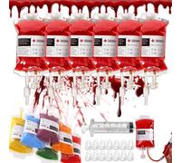 Udbrud Sac de Sang Boissons, 14 Pièces Poche de Sang avec 1 Seringue et 14 Autocollant de Type Sanguin Récipients à Boire pour Halloween avec 14 Clips pour Halloween, Zombie d'halloween, Vampire Party