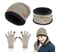 Udbrud Tricoté Chaud Cache-Cou Extensible, 3 Pièces Bonnet écharpe Gants d'écran Tactile Doublure Molleton Doux Chapeau Bonnet D'hiver Écharpe Ensemble de Gants pour Homme Femme (Beige)