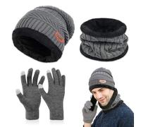 Udbrud Tricoté Chaud Cache-Cou Extensible, 3 Pièces Bonnet écharpe Gants d'écran Tactile Doublure Molleton Doux Chapeau Bonnet D'hiver Écharpe Ensemble de Gants pour Homme Femme (Gris)