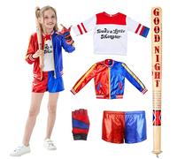 Udekit Costume de Cosplay de Super-Héros avec Batte de Baseball en PVC Souple, Gants en Cuir, T-shirt, Veste et Pantalon pour Harley Enfant Adolescent Fille Small
