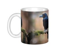 UDFKGLP Deux tasses en céramique avec motif corbeaux noirs pour cappuccino, latte, céréales, yaourt, lait, boissons chaudes ou froides, four à micro-ondes