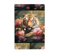 UDFKGLP Peinture décorative en étain motif tigre et fleurs de lotus 20,3 x 30,5 cm. Fabriqué en fer blanc, résistant à l'usure et durable