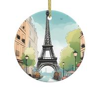 UDFKGLP Romantique Paris Tour Eiffel Bycicle Motif Arbre de Noël Céramique Suspendu Rond Pendentif pour Décoration Boutiques Porte Fenêtre