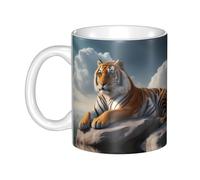UDFKGLP Tasse en céramique motif tigre majestueux se reposant sur un rocher avec ciel nuageux pour cappuccino, latte, céréales, yaourt, lait, boissons chaudes ou froides Four à micro-ondes