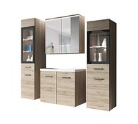 Udine II - Ensemble de meubles de salle de bain avec lavabo et siphon, salle de bain moderne, complet, avec miroir, meuble pour lavabo, armoire haute, avec éclairage LED blanc, San Remo