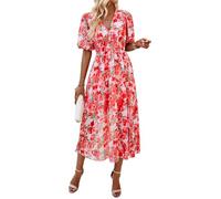 UEAL Robe mi-Longue Fluide smockée à Taille élastique à Manches Courtes et col en V pour Femme - Robe d'été décontractée pour Printemps et été, Rouge, Taille XL