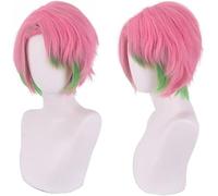 Uearlid Cosplay Wig Perruque de Cosplay for Hommes, Anime Kanroji Mitsuri Kimetsu No Yaiba, Cheveux Courts Vert Rose for Costume d'halloween, Perruque + Casquette