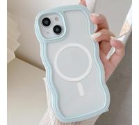 UEEBAI Coque pour iPhone 13/iPhone 14 6.1 inch, Housse de Protection Wave Frame Étui en Charge sans Fil Magnétique Transparente Arrière avec MagSafing TPU Bumper Cover Anti-Jaunissement - Bleu Clair