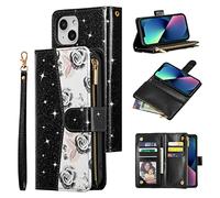 UEEBAI Coque pour iPhone 15 6.1 inch, Premium Étui Portefeuille en Cuir PU Antichoc Étui à Rabat et Folio Housse avec Fentes pour Cartes Poche Zippée Dragonne Fermeture Magnétique - Noir Brillant