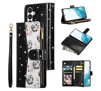 UEEBAI Coque pour Samsung Galaxy S24 5G, Étuis en Cuir PU Portefeuille avec Fermeture Magnétique Étuis à Rabat et Folio pour Fentes Cartes et Dragonne Antichoc Flip Case - Noir Brillant