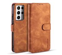 UEEBAI Étui en Cuir PU pour Samsung Galaxy S21 Ultra 5G Vintage Retro Premium Wallet Flip Cover Coque intérieure en TPU emplacements pour Cartes Fermeture magnétique Folio Antichoc Protection Marron