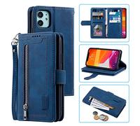 UEEBAI Wallet Case for iPhone 12 Mini 5.4 inch, Retro 9 Card Holder Slots Zipper Pocket Handbag Case PU Leather Magnetic Closure Kickstand with Wrist Strap TPU Shockproof Flip Case - Blue