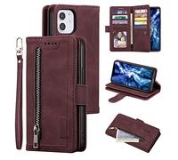 UEEBAI Wallet Case for iPhone 13 Mini, Retro 9 Card Holder Slots Zipper Pocket Handbag Case PU Leather Magnetic Closure Kickstand with Wrist Strap TPU Shockproof Flip Case - Wien Red