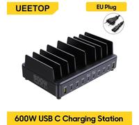 Ueetop Chargeur USB rapide 600W, 10 ports GaN PD 3.1, station de charge pour MacBook, iPhone 16/15, iPad, Samsung ¿ Prise EU Noire