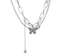 UEIOAVL Colliers pour enfants, 1 collier pendentif papillon double couche collier épais empilable chaîne circulaire chaîne de clavicule papillon punk hip hop (argent)