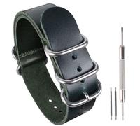 uEmoh Bracelet de montre monobloc en cuir de style OTAN pour homme et femme - 14 mm, 16 mm, 18 mm, 20 mm, 22 mm, 24 mm - Bracelet de montre en cuir de vache pleine fleur (18 mm, boucle vert/argenté)