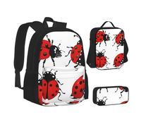 UENFFKDAP Ensemble sac à dos imprimé coccinelle, sac à déjeuner et trousse à crayons, cartable grande capacité, sac à dos léger pour loisirs